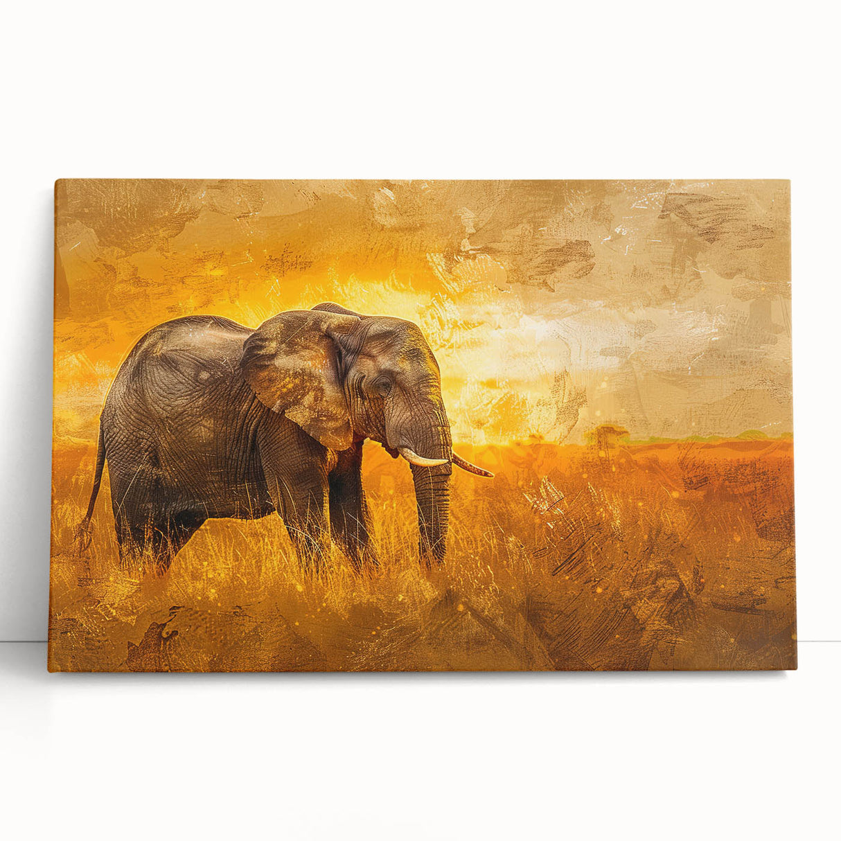 Stretched canvas wall art featuring a majestic elephant design, showcasing intricate details and vibrant colors, perfect for wildlife enthusiasts and home decor.