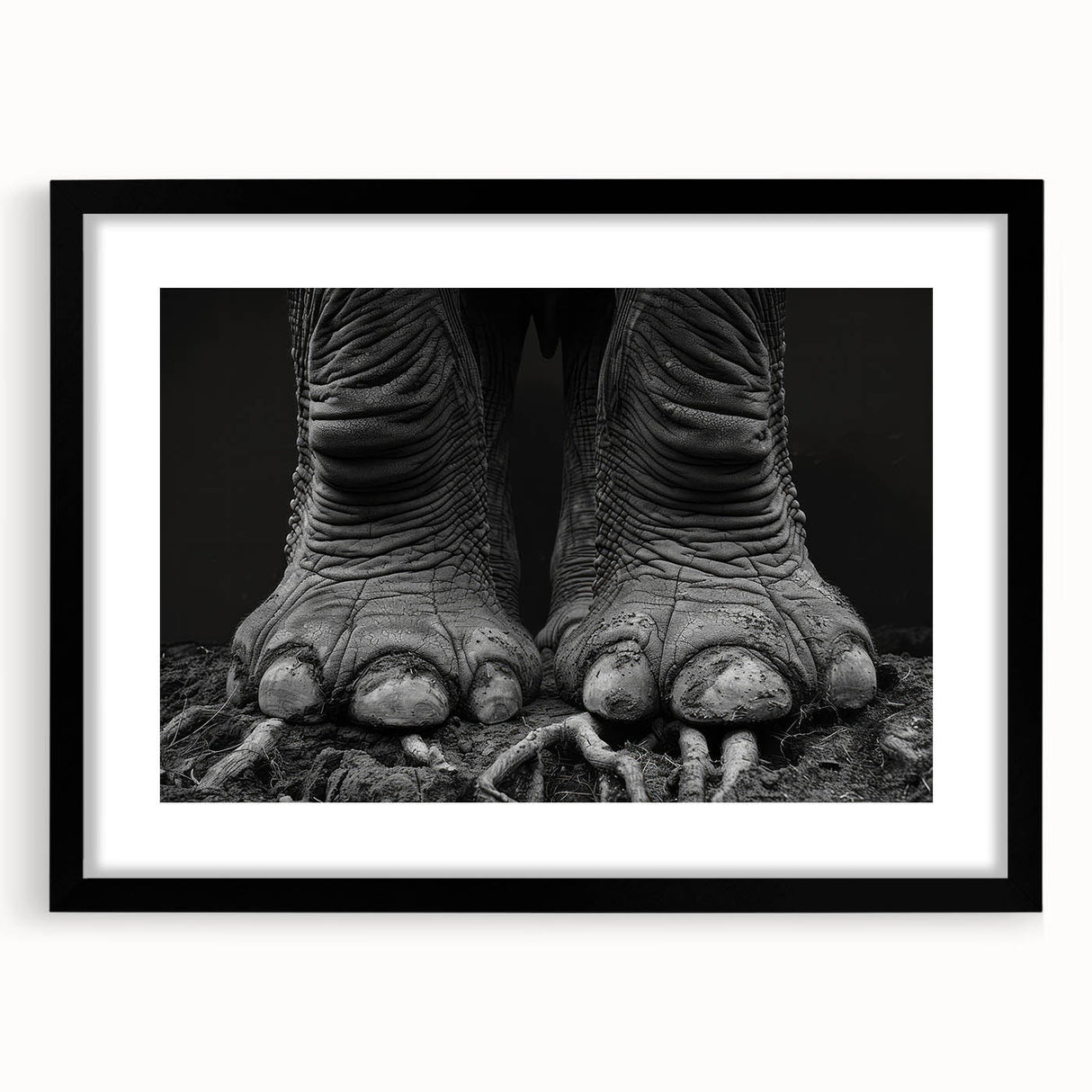 Elegant black-framed wall art featuring a majestic elephant design, set against a minimalist backdrop, perfect for enhancing modern home decor with a touch of wildlife artistry.