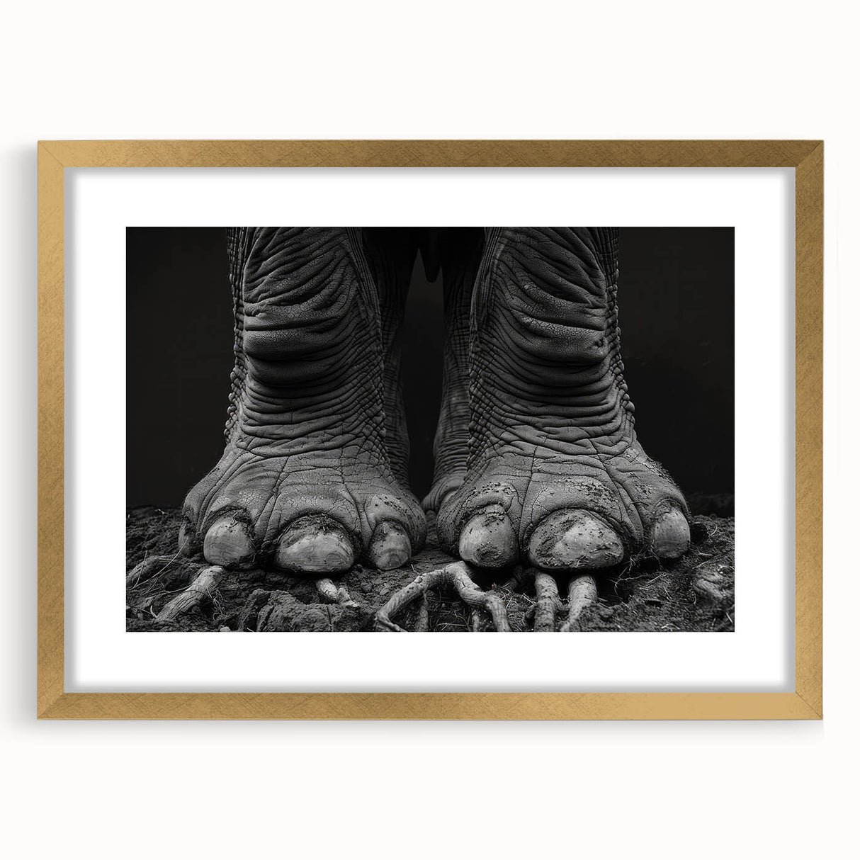 Elegant wall art showcasing a majestic elephant design in a gold frame, featuring a matte finish, perfect for adding a touch of wildlife elegance to any room.
