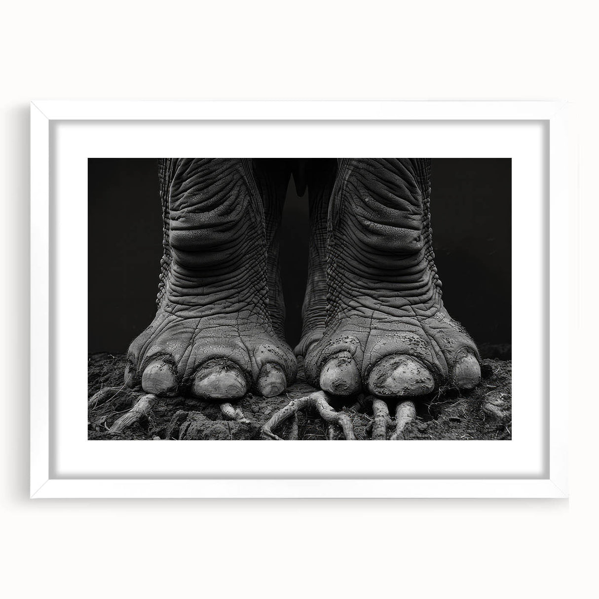 Framed wall art featuring a majestic elephant design in a white mat, ideal for wildlife enthusiasts and home decor, showcasing intricate details and vivid colors.
