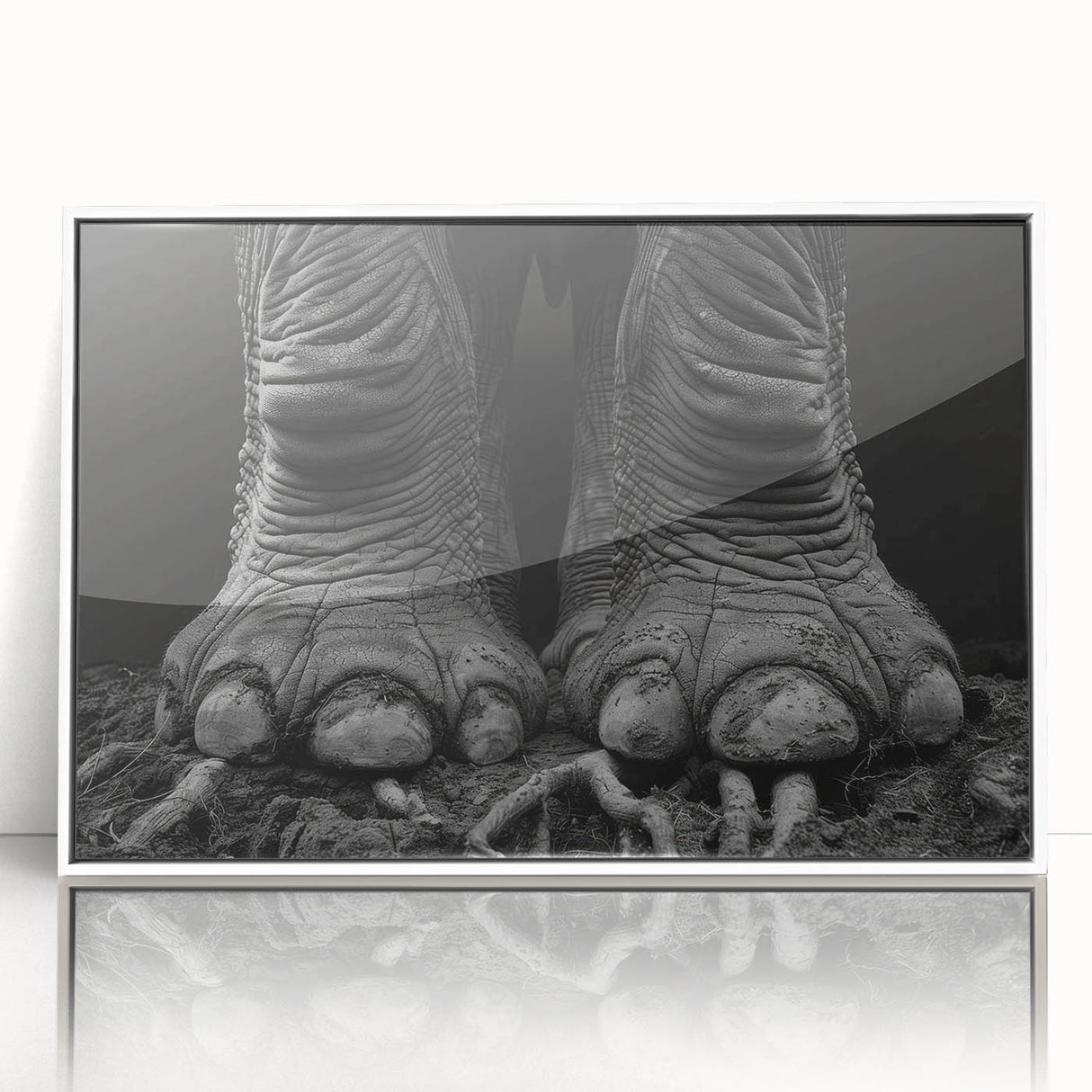 Framed wall art featuring a striking design of an elephant in a natural setting, with white accents and a contemporary style, perfect for animal lovers and home decor enthusiasts.