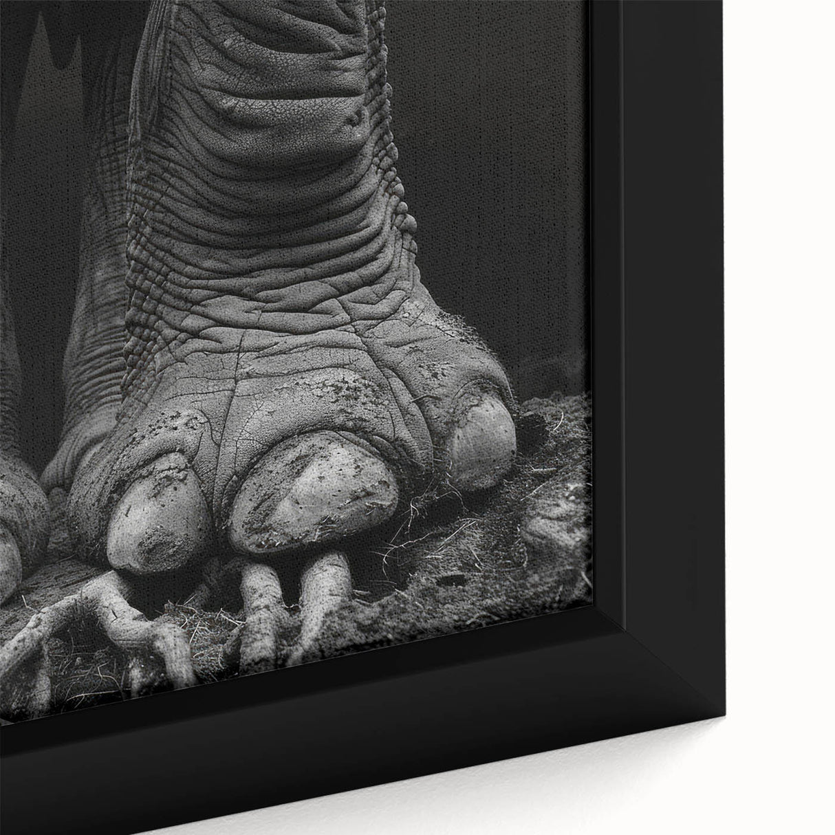 Close-up of a framed canvas wall art featuring an intricate elephant design, showcasing detailed textures and vibrant colors that capture the essence of wildlife. Perfect for animal lovers and nature enthusiasts, this striking piece enhances any interior decor.