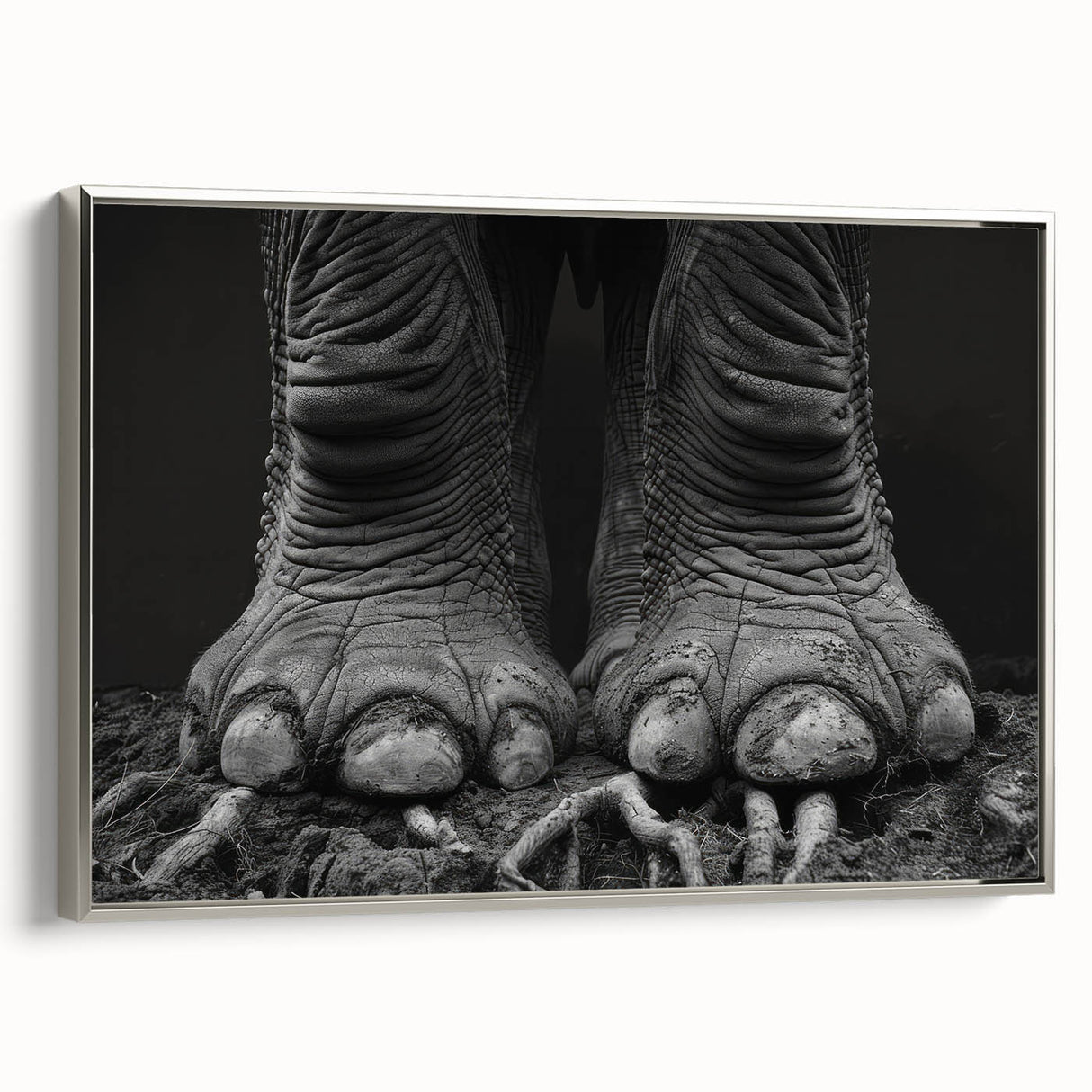 Framed canvas wall art featuring a silver side view of an elephant, showcasing intricate details and textures, perfect for adding a touch of wildlife elegance to home decor.