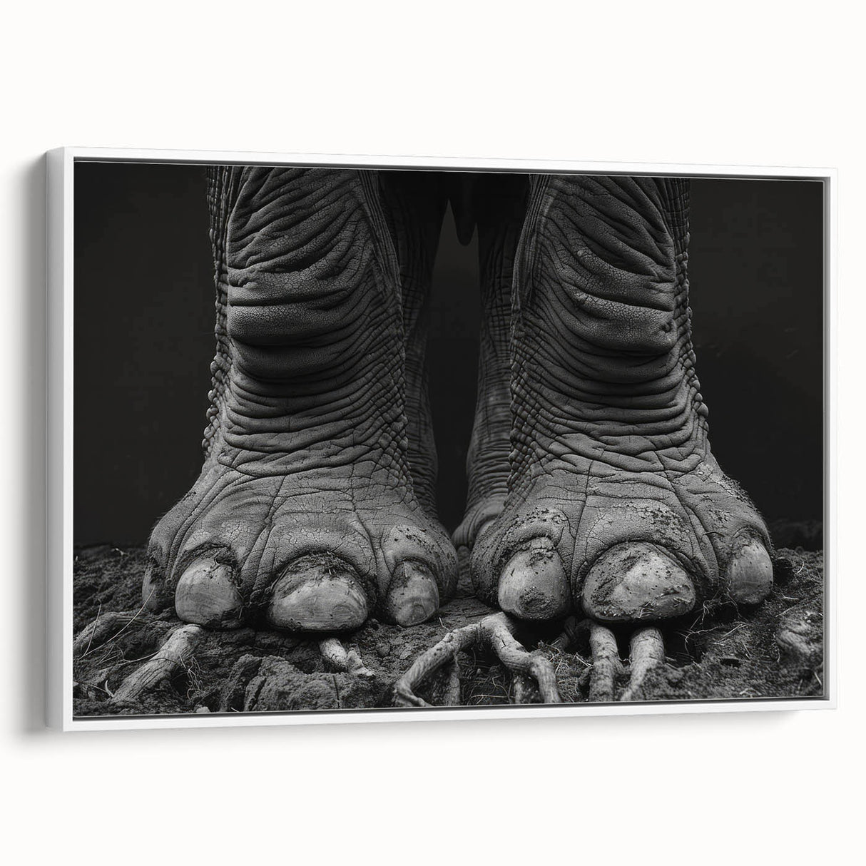Framed canvas wall art depicting a majestic elephant design in a side view, showcasing intricate details and a serene white background, perfect for wildlife enthusiasts.