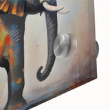 Close-up of a vibrant acrylic glass wall art piece showcasing a detailed elephant design, perfect for wildlife enthusiasts and modern decor, featuring shades of gray and earth tones.