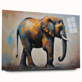Side view of a contemporary acrylic wall art piece depicting a majestic elephant in a vibrant, abstract style, ideal for wildlife enthusiasts and modern decor.