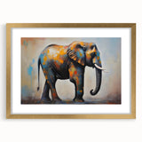 Elephant-themed wall art design in a gold-framed mat, showcasing a majestic African elephant against a vibrant background, perfect for wildlife enthusiasts.