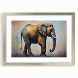 Silver-framed wall art featuring a captivating elephant design, showcasing intricate details and vibrant colors, perfect for wildlife enthusiasts and home decor.