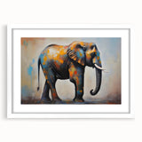 Framed wall art featuring a majestic elephant design in a white mat, showcasing vibrant colors and intricate details, perfect for wildlife enthusiasts and home decor.