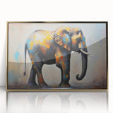 Framed wall art featuring a majestic African elephant design in gold and acrylic, showcasing intricate details and textures against a striking background, perfect for wildlife enthusiasts.