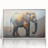Framed wall art showcasing a vibrant elephant design in a white frame, featuring intricate details and a modern aesthetic, perfect for wildlife lovers' decor.