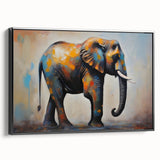 Framed wall art featuring a black side view of an elephant, showcasing intricate details and textures on a canvas, perfect for wildlife enthusiasts and home decor.