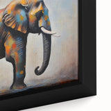 Close-up of a beautifully framed canvas wall art featuring an intricate design of an elephant, showcasing its textured details and vibrant colors, perfect for wildlife enthusiasts.