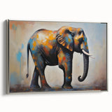 Framed canvas wall art showcasing a majestic elephant in a silver-toned design, emphasizing its detailed features and textures, ideal for wildlife enthusiasts.