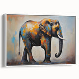 Framed canvas wall art featuring a side view of a majestic elephant, showcasing intricate details and a serene white background, ideal for wildlife-themed decor.