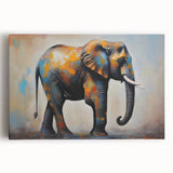 Stretched canvas wall art featuring a majestic elephant design in a vibrant color palette, showcasing intricate details and textures, perfect for wildlife enthusiasts’ decor.