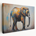 Side view of a majestic elephant wall art piece on stretched canvas, showcasing intricate details and earthy tones, ideal for wildlife enthusiasts and home decor.