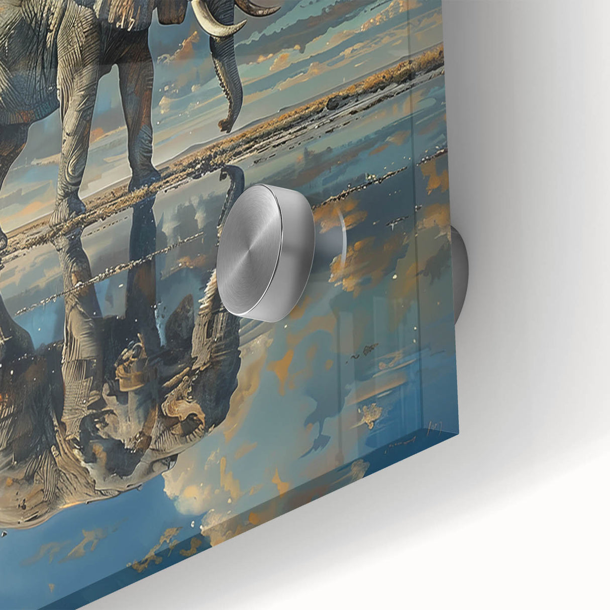 Close-up of an acrylic wall art piece showcasing a majestic elephant design with intricate details and vibrant colors, perfect for wildlife enthusiasts and home decor.
