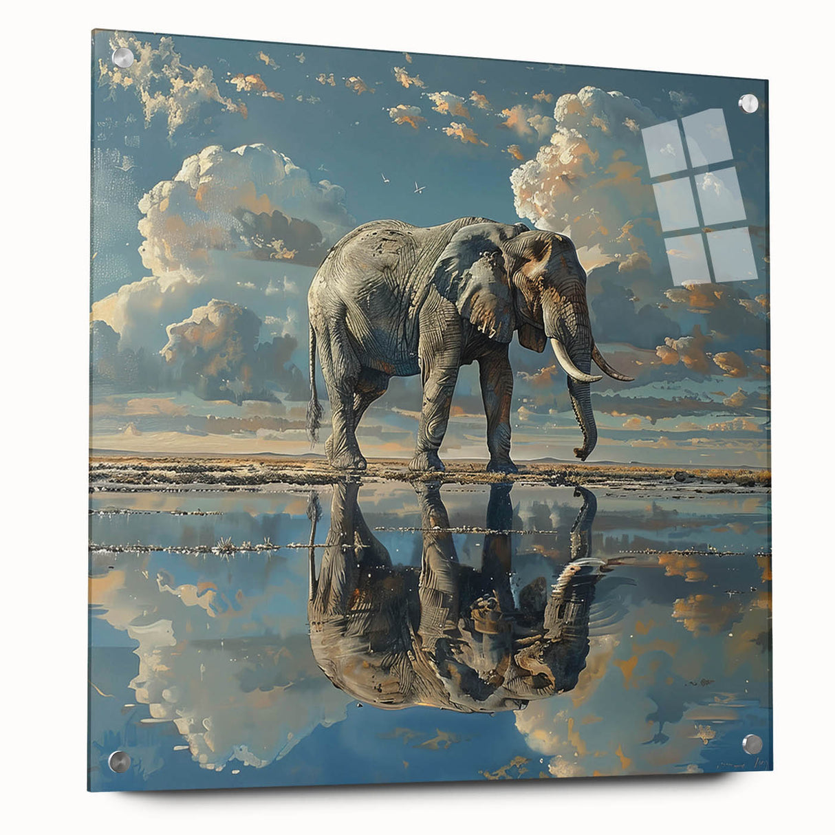Elegant acrylic glass wall art depicting a side view of a majestic elephant in a natural setting, showcasing intricate details and vibrant colors, perfect for wildlife enthusiasts.
