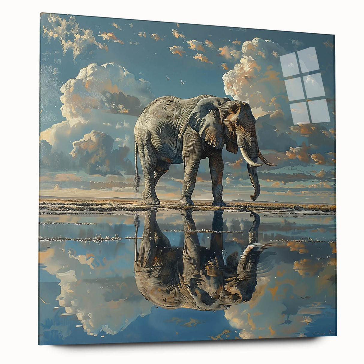 Acrylic glass wall art featuring a striking side view of an elephant design, showcasing intricate details and vibrant colors, ideal for wildlife enthusiasts and modern decor.