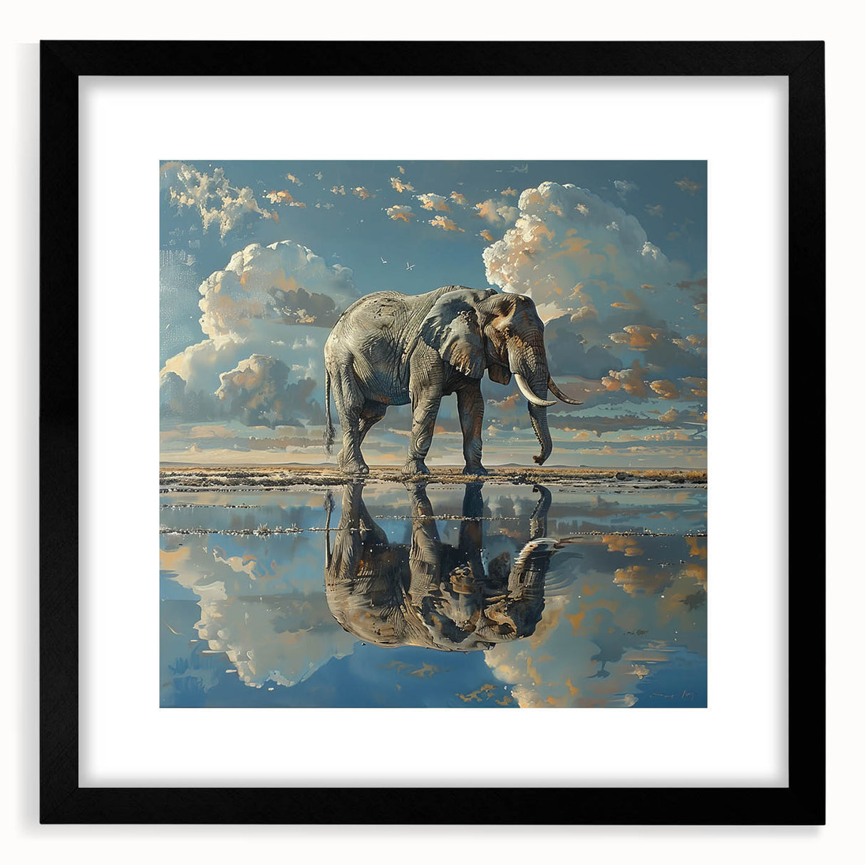 Framed wall art featuring a striking black-and-white illustration of an elephant, perfect for wildlife enthusiasts and modern home decor. The design showcases intricate details, making it an eye-catching centerpiece for any room.