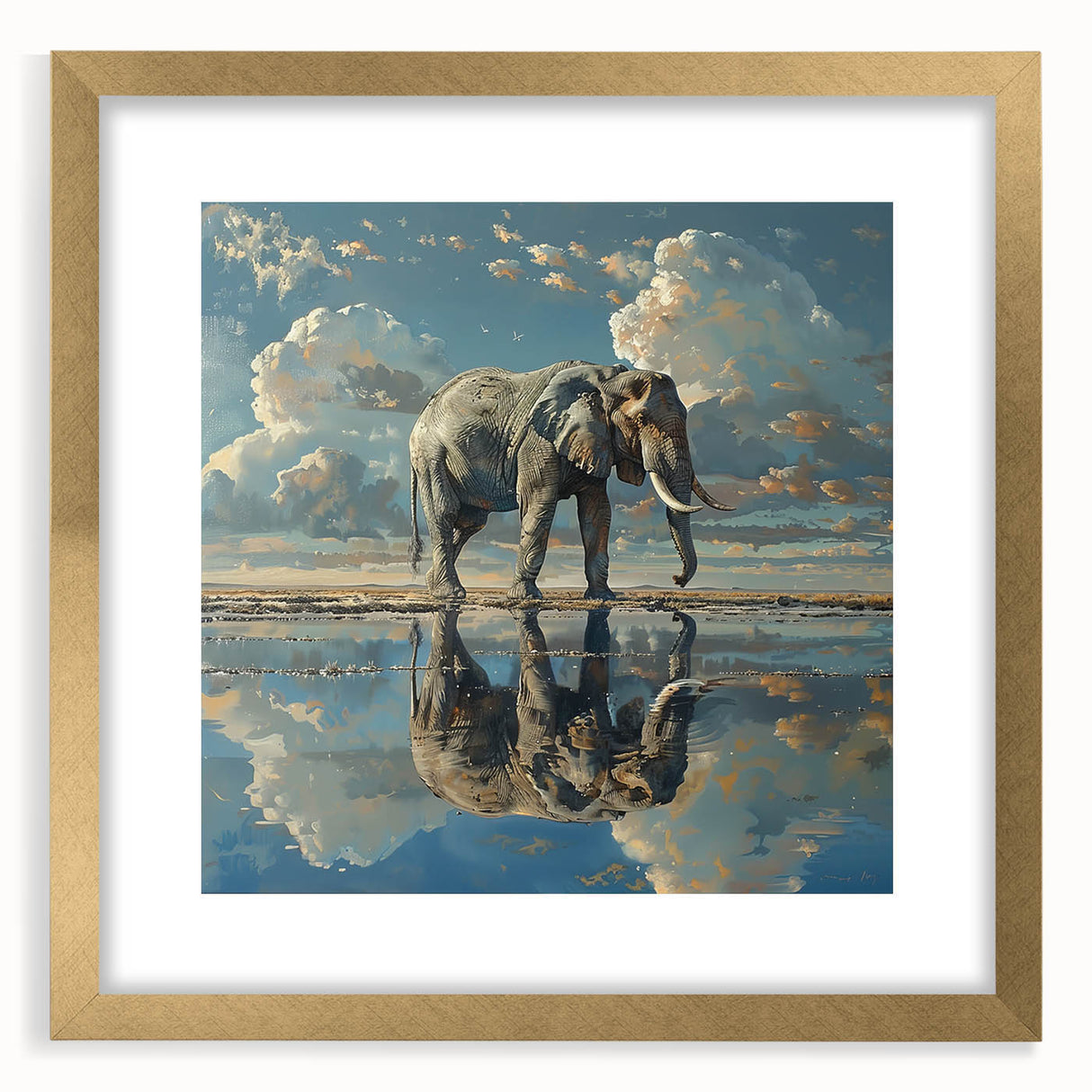 Elegant gold-framed wall art featuring a majestic elephant design, showcasing vibrant colors and intricate details in a wildlife-themed collection, perfect for home decor.