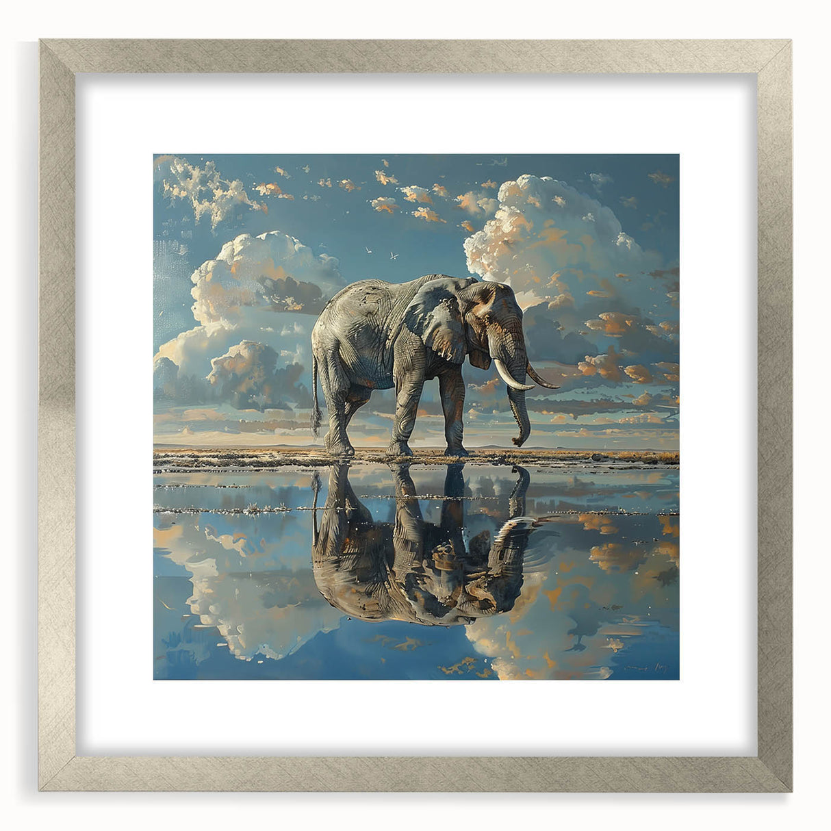 Elegant silver-framed wall art showcasing a detailed elephant design, perfect for animal lovers and home décor enthusiasts. Ideal for adding a touch of wildlife elegance to any space, this collectible piece enhances interior aesthetics with its striking imagery and artistic appeal.