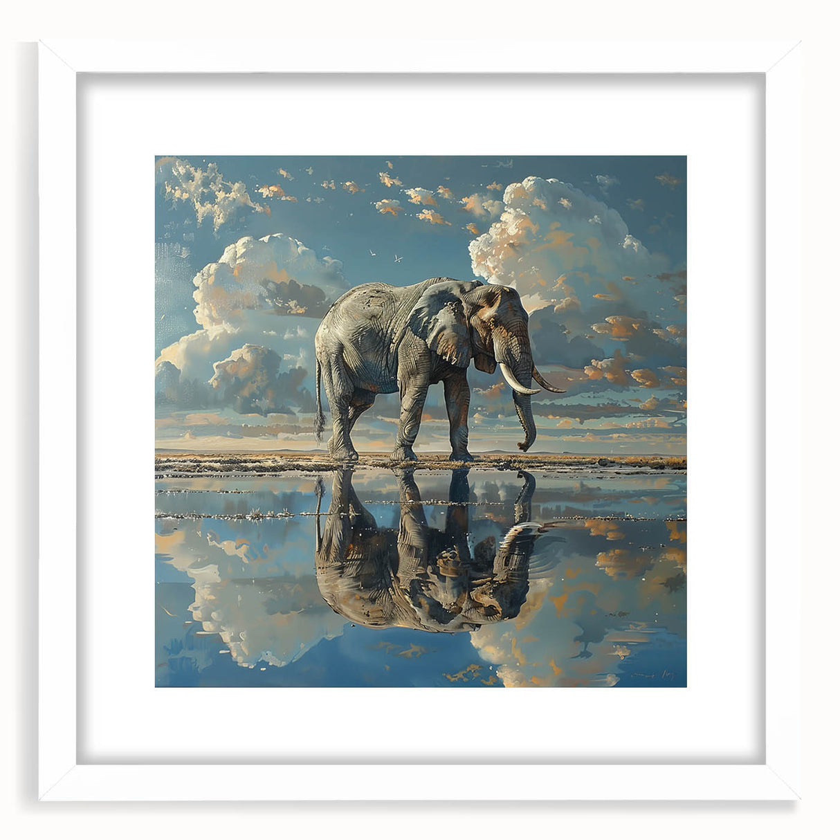 Elephant wall art print showcasing a detailed, vibrant illustration of a majestic African elephant, framed with a white mat, ideal for wildlife enthusiasts and home decor.