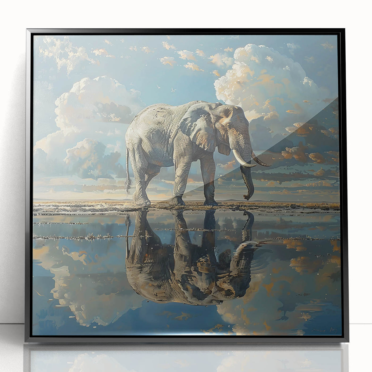 Framed acrylic wall art showcasing a stunning black and white elephant design, perfect for wildlife enthusiasts. Ideal for enhancing modern home decor with a touch of nature.