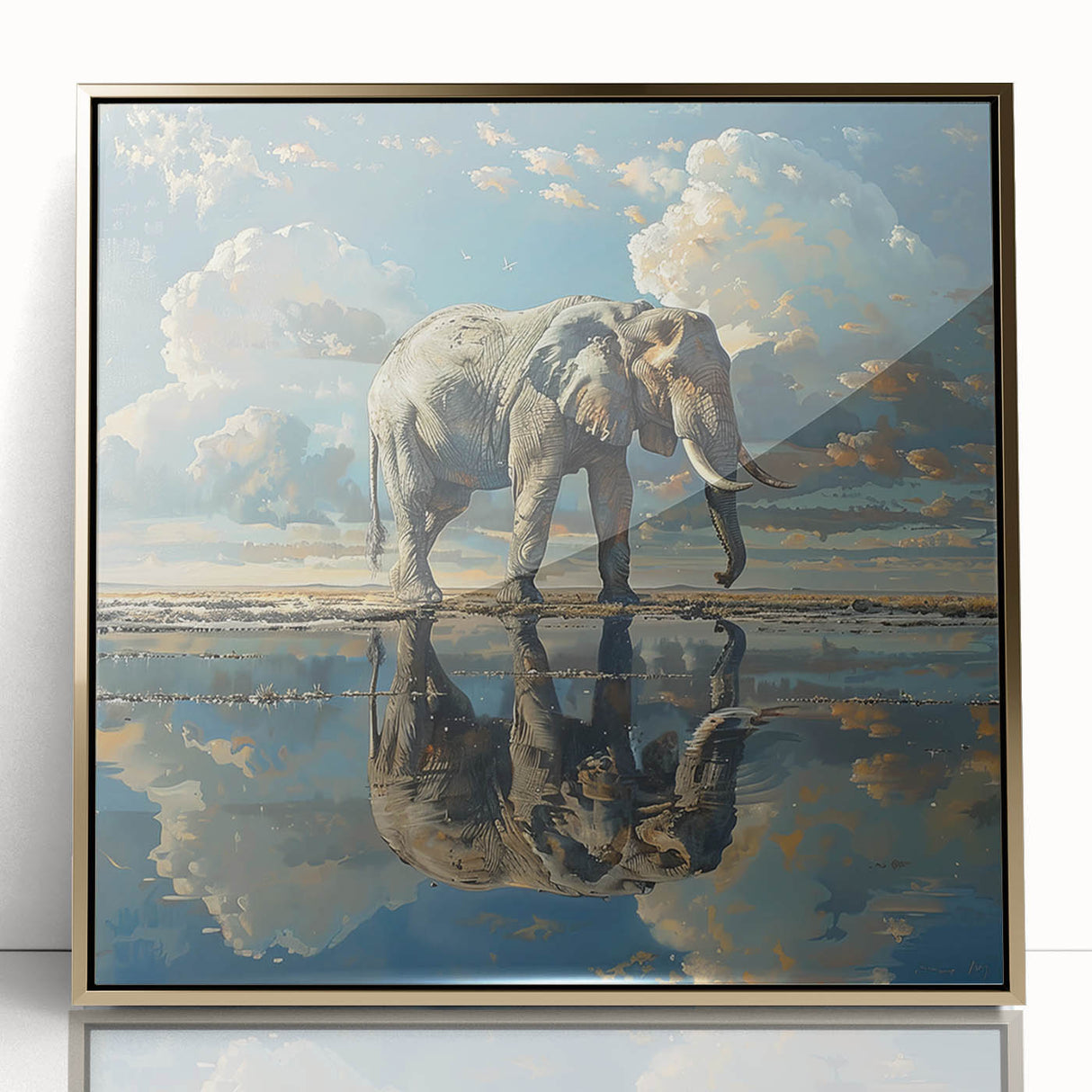 Framed wall art featuring a majestic elephant design with intricate detailing, set against a gold background, perfect for animal-themed decor or wildlife enthusiasts.
