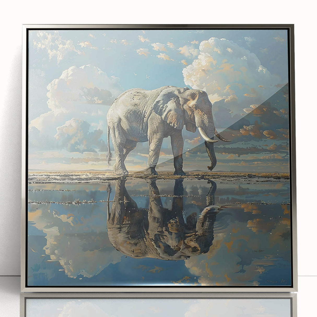 Framed acrylic wall art featuring a striking silver elephant design, showcasing intricate details and textures, perfect for wildlife enthusiasts and modern decor.