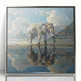 Framed acrylic wall art featuring a striking silver elephant design, showcasing intricate details and textures, perfect for wildlife enthusiasts and modern decor.