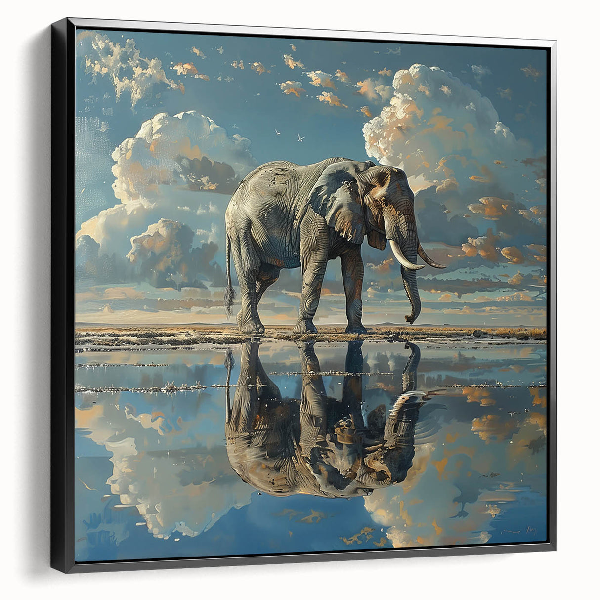 Framed canvas wall art featuring a detailed black and white elephant design, showcasing the animal's majestic side view, perfect for wildlife enthusiasts and home decor.