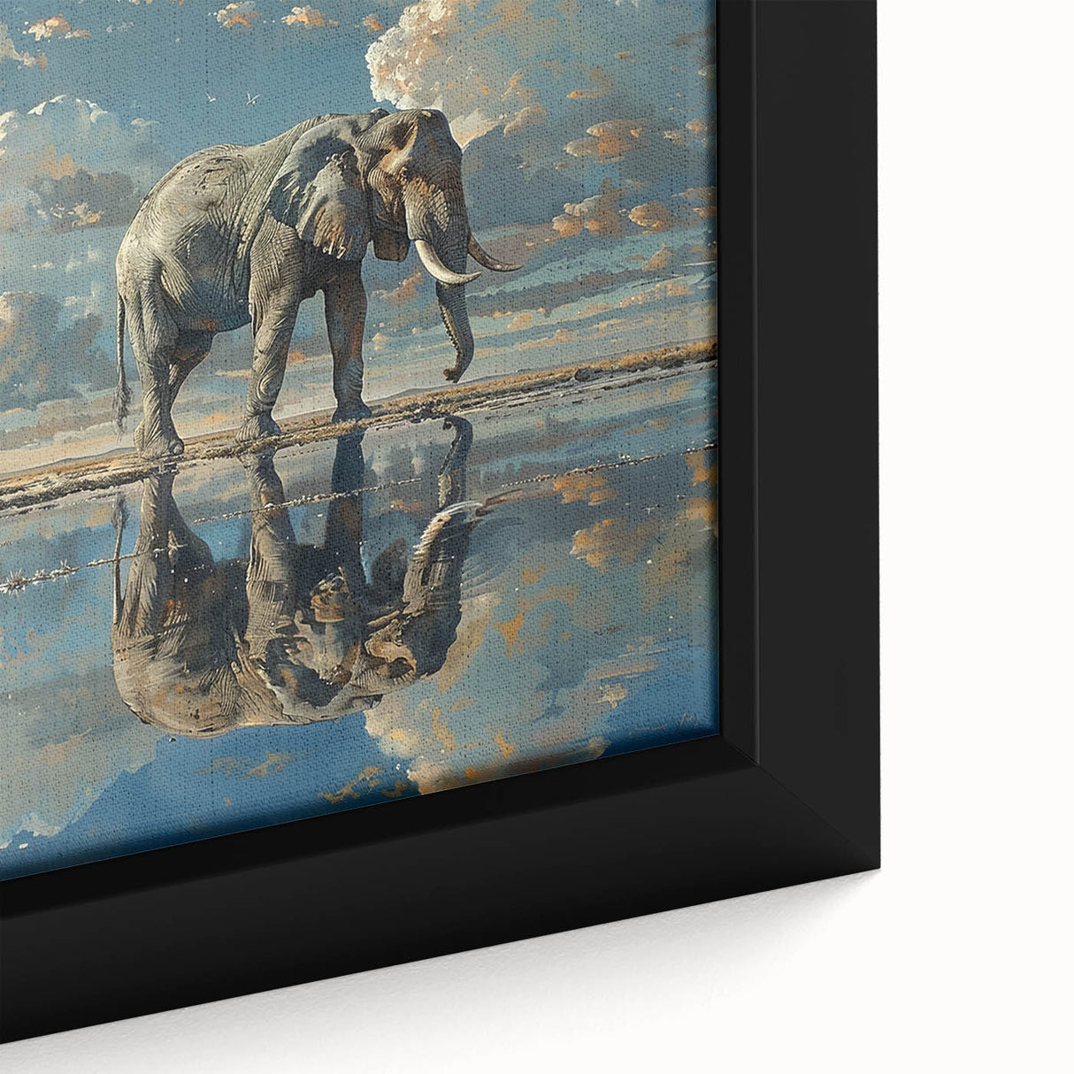 Close-up of a beautifully framed canvas wall art featuring an intricate elephant design in vibrant colors, showcasing detailed textures and artistic elements. Perfect for animal lovers and nature enthusiasts, this piece adds a touch of wildlife elegance to any home decor.