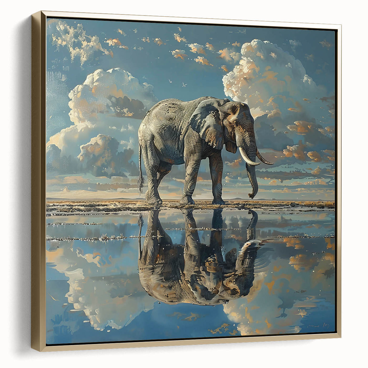 Framed wall art featuring a majestic African elephant design in a gold color palette, showcasing intricate details and a side view, perfect for wildlife enthusiasts.