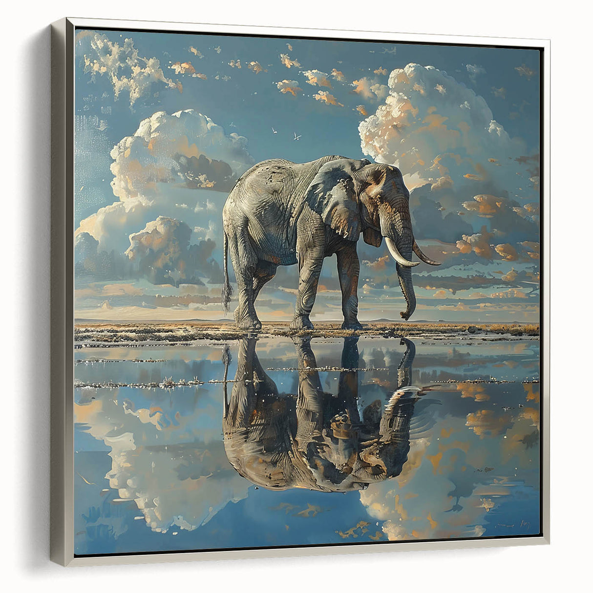 Framed canvas wall art showcasing a silver side view of an elephant, highlighting intricate details and textures, perfect for wildlife enthusiasts and home decor.