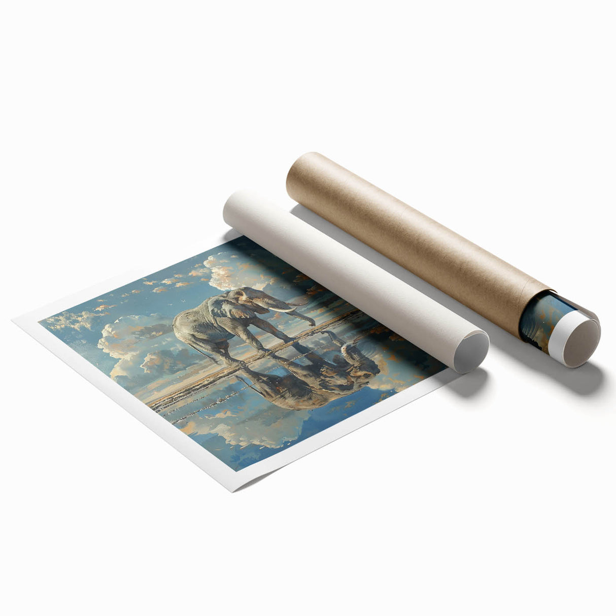 Elephant wall art design showcasing vibrant colors and intricate patterns, perfect for home decor. Rolled print features a sturdy cardboard tube for easy storage.
