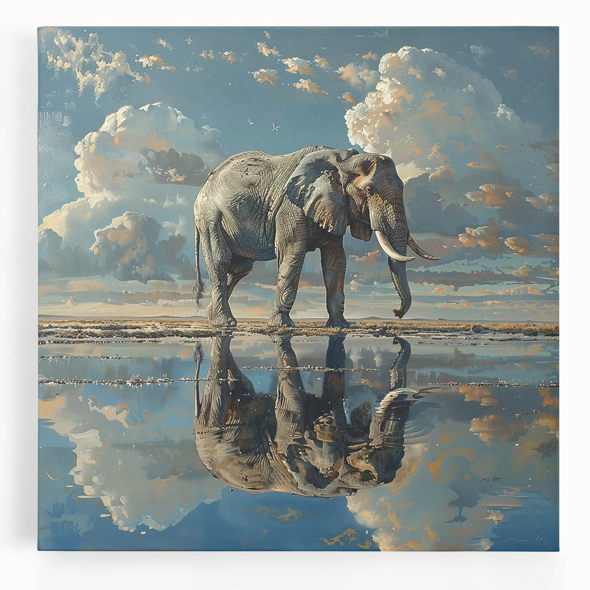 Stretched canvas wall art depicting a majestic elephant in a vibrant jungle setting, showcasing intricate details and rich colors, perfect for wildlife enthusiasts.
