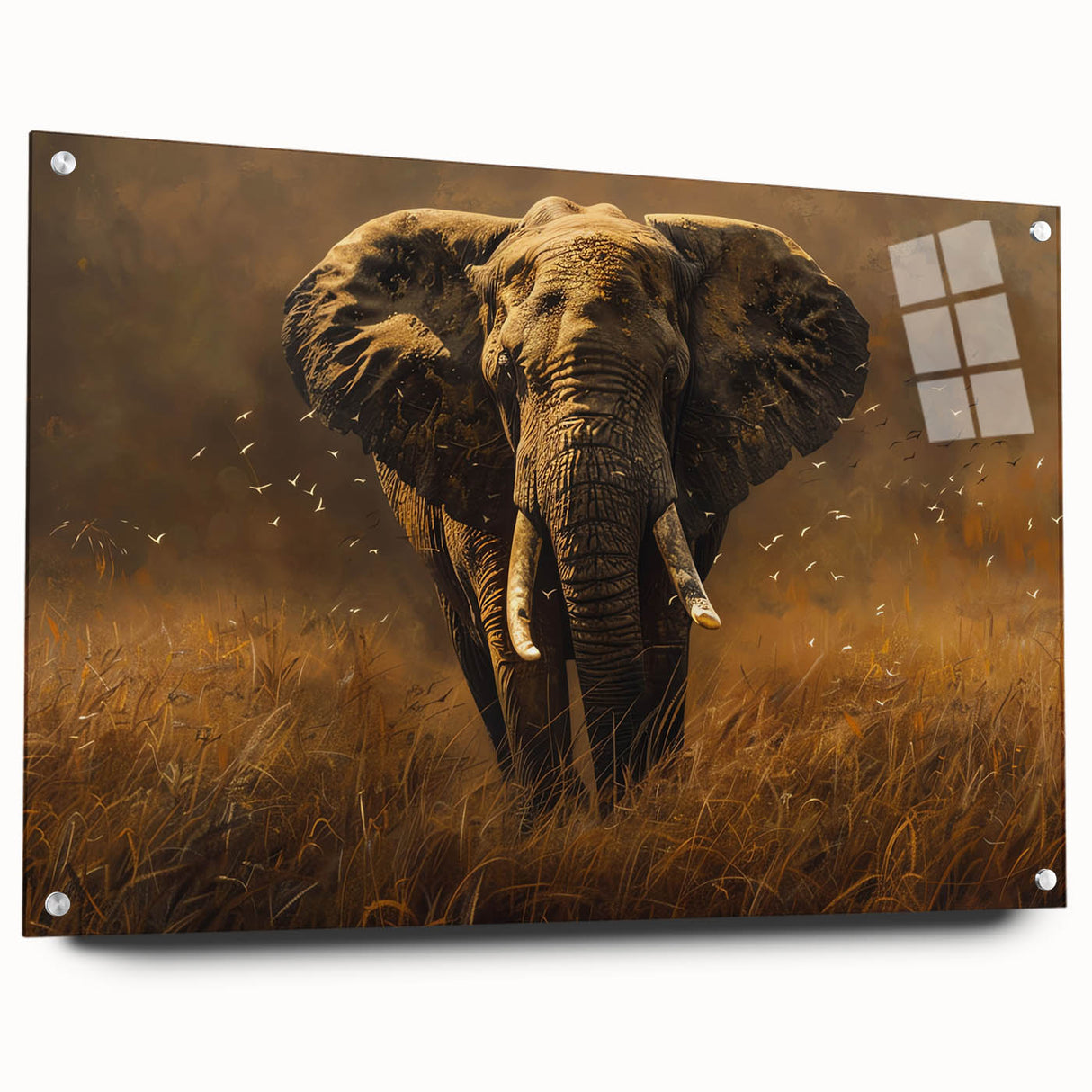 Acrylic glass wall art featuring a side view of a majestic elephant design, showcasing intricate details and vibrant colors, perfect for wildlife enthusiasts and home decor.
