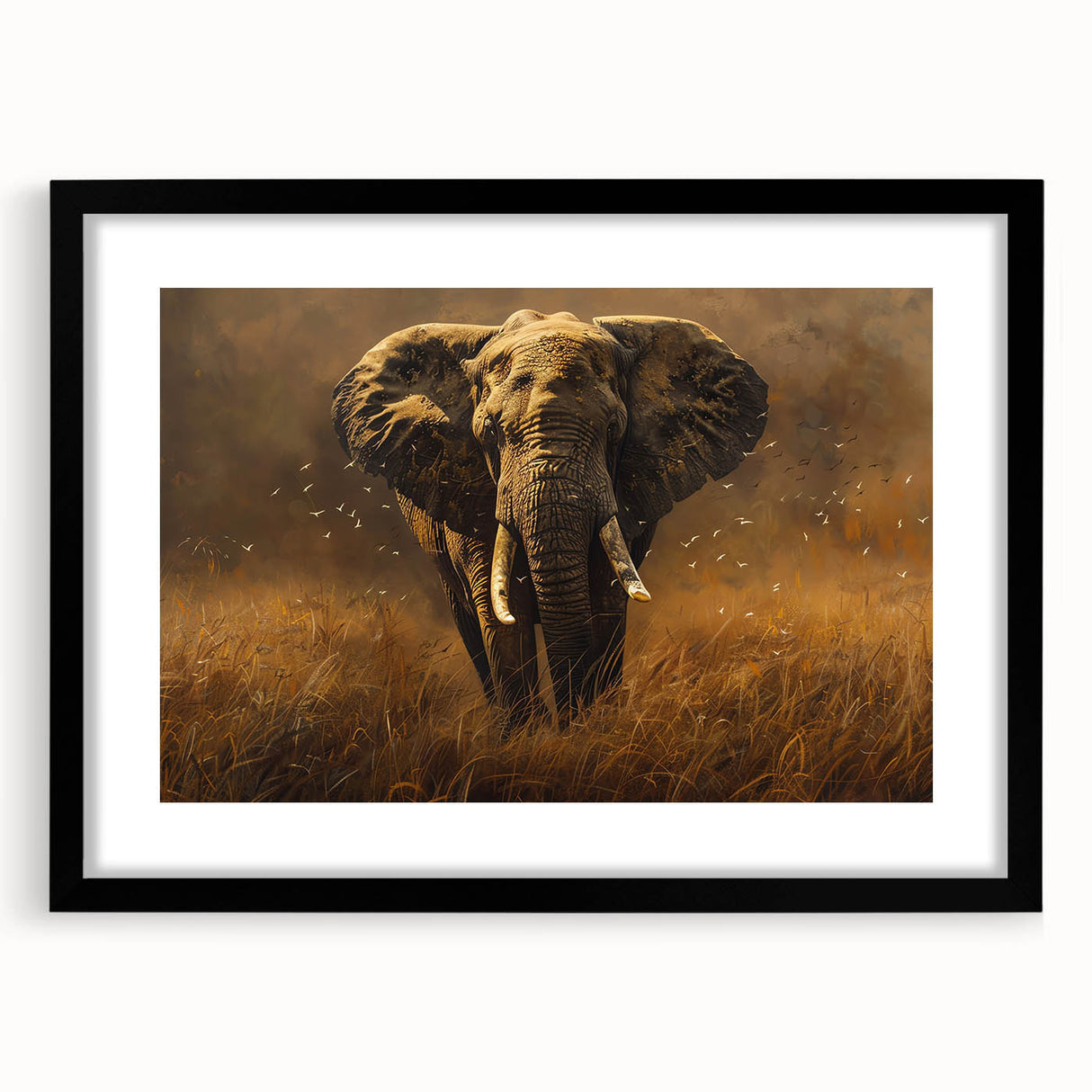 Framed wall art featuring a majestic elephant design in a sleek black frame with a mat, perfect for enhancing home decor and celebrating wildlife aesthetics.