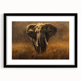 Framed wall art featuring a majestic elephant design in a sleek black frame with a mat, perfect for enhancing home decor and celebrating wildlife aesthetics.