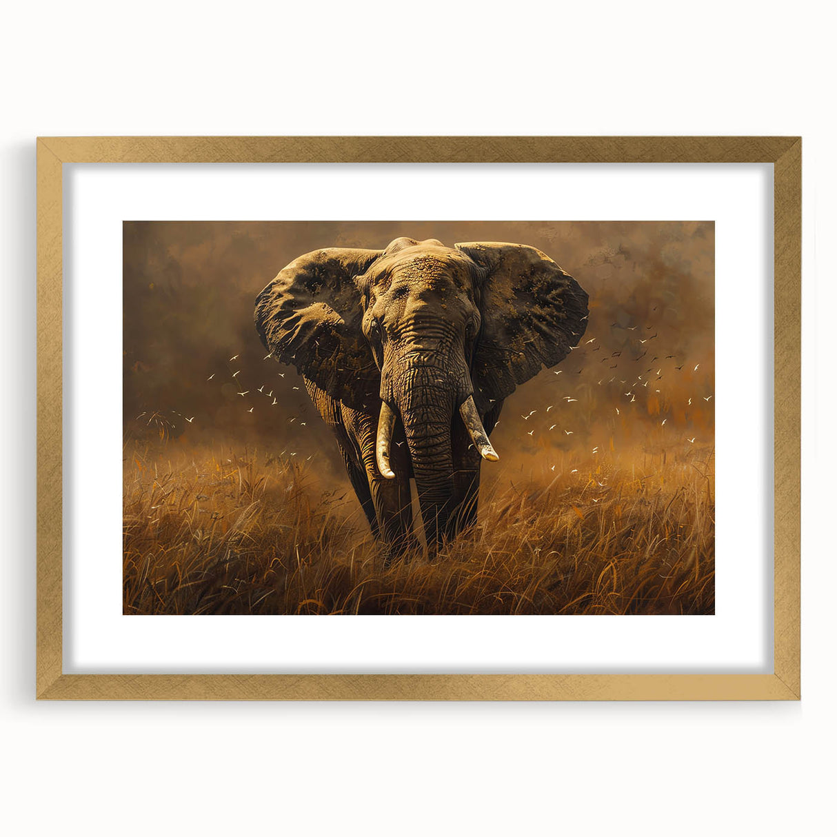 Framed wall art featuring a stunning elephant design in a gold frame, showcasing intricate details and vibrant colors, perfect for wildlife enthusiasts and home decor.