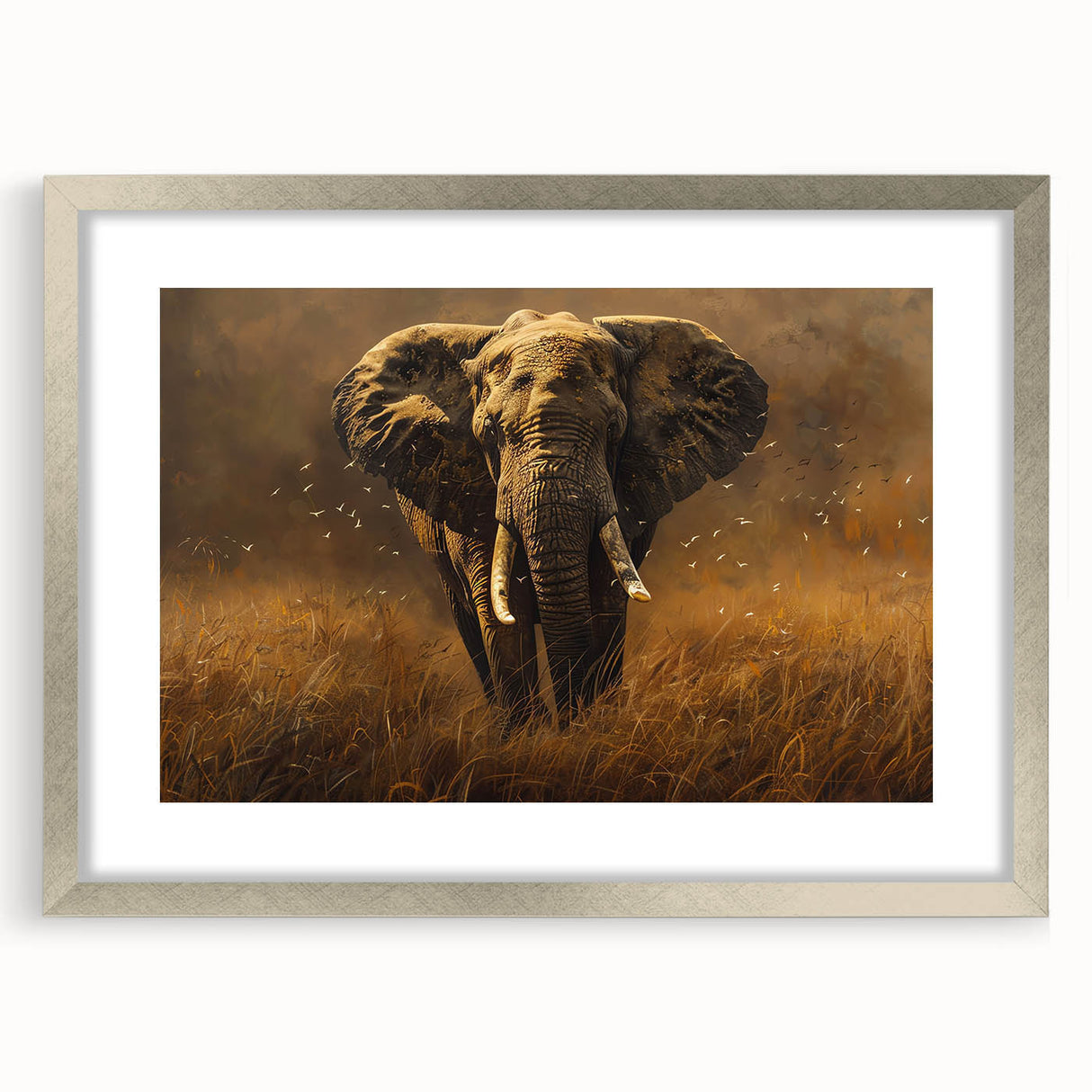 Elegant wall art featuring a silver-framed elephant design from the "Animals - A Wild Life" collection, perfect for adding a touch of nature-inspired decor to any space. Ideal for wildlife enthusiasts and art collectors.