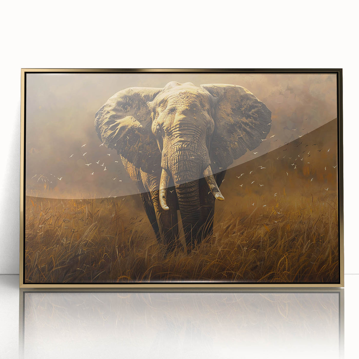 Framed wall art featuring a striking close-up design of an elephant, showcasing intricate details and a gold-acrylic finish, perfect for wildlife enthusiasts and home decor.