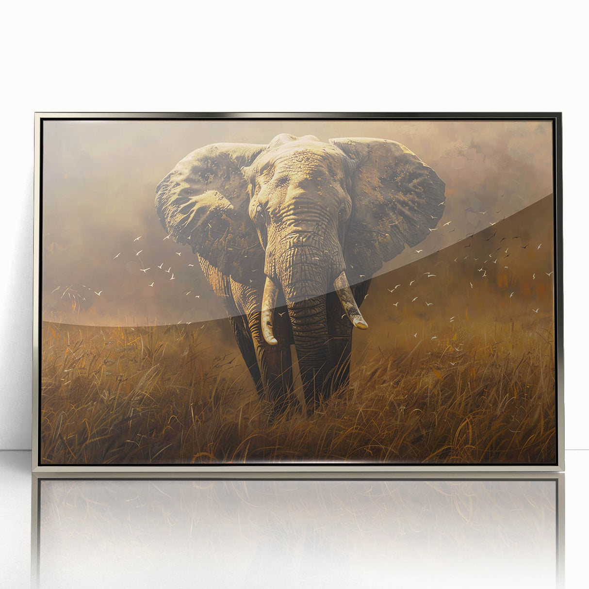 Framed acrylic wall art showcasing a majestic elephant design, with intricate details highlighting the animal's texture and natural beauty, set against a silver background for an elegant touch. Perfect for wildlife enthusiasts and home decor lovers.
