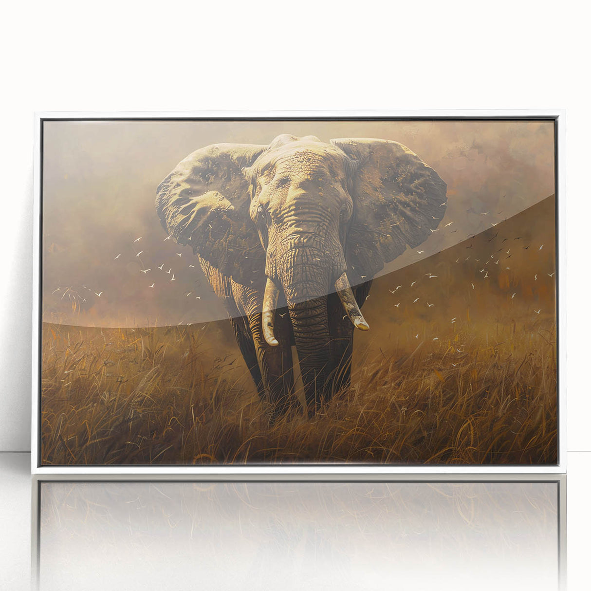 Framed acrylic wall art featuring a stunning elephant design, showcasing intricate details and vibrant colors, perfect for enhancing any home decor setting.