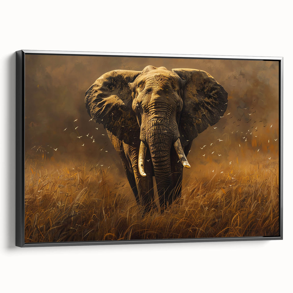 Framed canvas wall art showcasing a side view of a majestic African elephant design, featuring intricate details and a rich black background, ideal for wildlife enthusiasts.