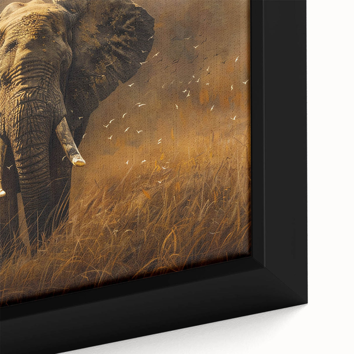 Close-up of a framed canvas wall art featuring a majestic elephant design, highlighting intricate details and vibrant colors, perfect for wildlife enthusiasts and home decor.
