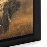 Close-up of a framed canvas wall art featuring a majestic elephant design, highlighting intricate details and vibrant colors, perfect for wildlife enthusiasts and home decor.