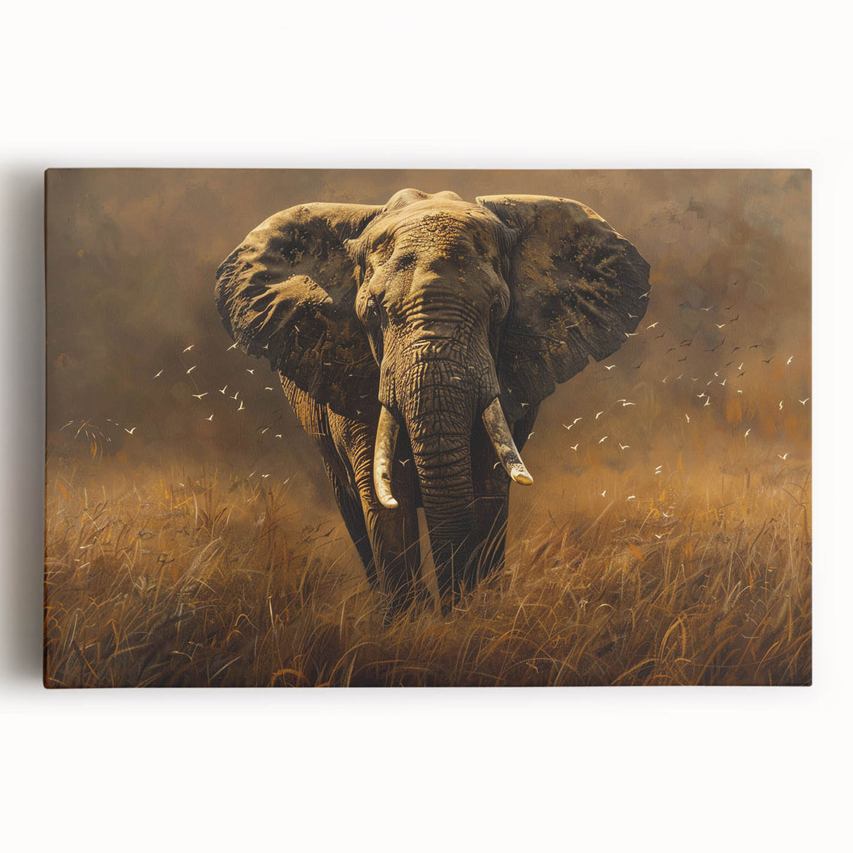 Stretched canvas wall art featuring a majestic African elephant in a vibrant landscape, showcasing intricate details and rich colors, perfect for wildlife decor.